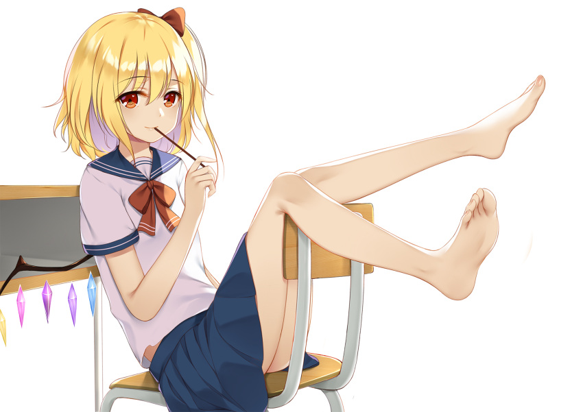 1girl, bangs, barefoot, blonde_hair, blue_sailor_collar, blue_skirt, bow, chair