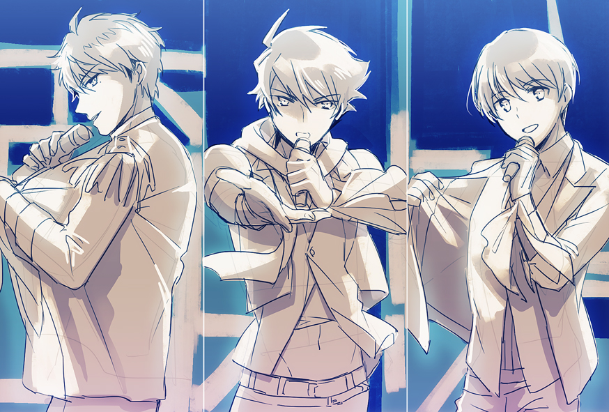 3boys, beckoning, fuyumi_jun, idolmaster, idolmaster_side-m, jacket, male_focus, microphone