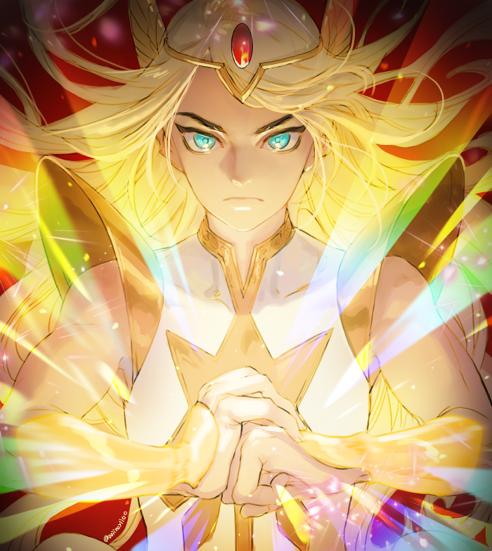 1girl, artist_name, biceps, blonde_hair, blue_eyes, bracer, clenched_hand, fist_in_hand