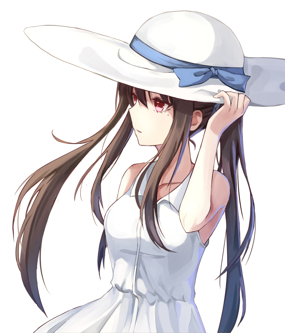 1girl, blacktheif, blue_bow, blue_ribbon, bow, brown_hair, collarbone, dress