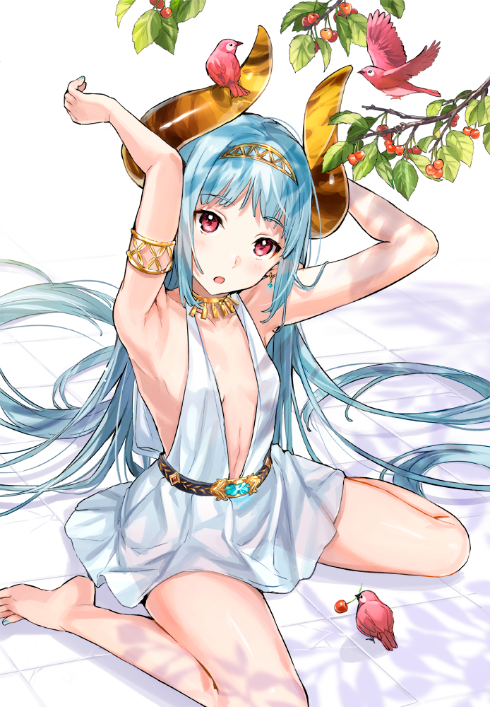 1girl, :o, armlet, arms_up, barefoot, belt, bird, bird_on_horn