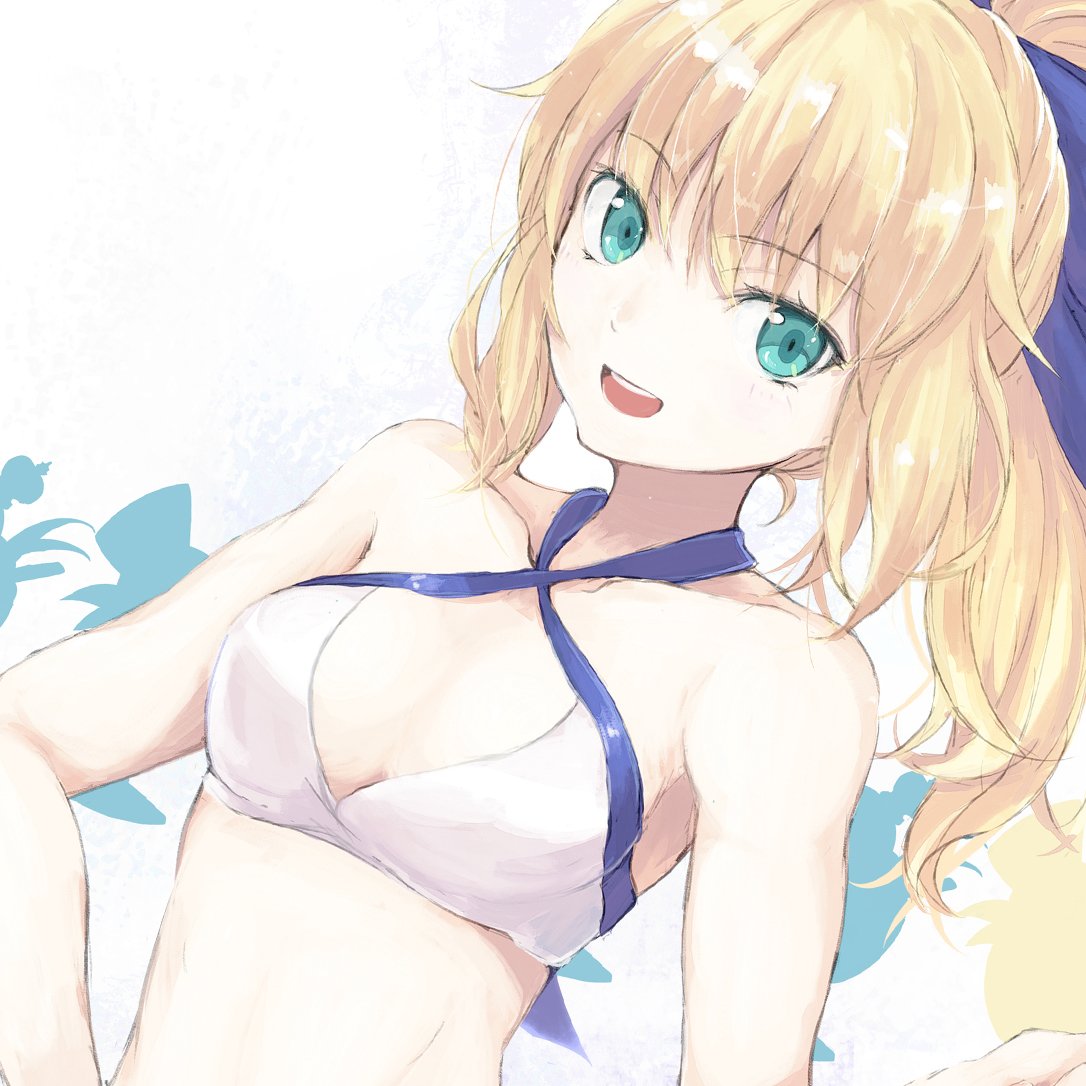 1girl, :d, aqua_eyes, artoria_pendragon_(all), artoria_pendragon_(swimsuit_archer), asagi_(kabocha_oukoku), blonde_hair, blue_bow