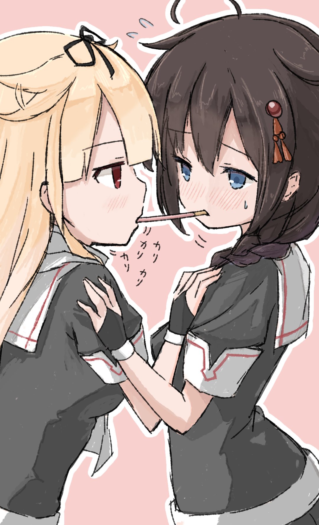 2girls, black_hair, black_ribbon, black_serafuku, blonde_hair, blue_eyes, blush, fingerless_gloves