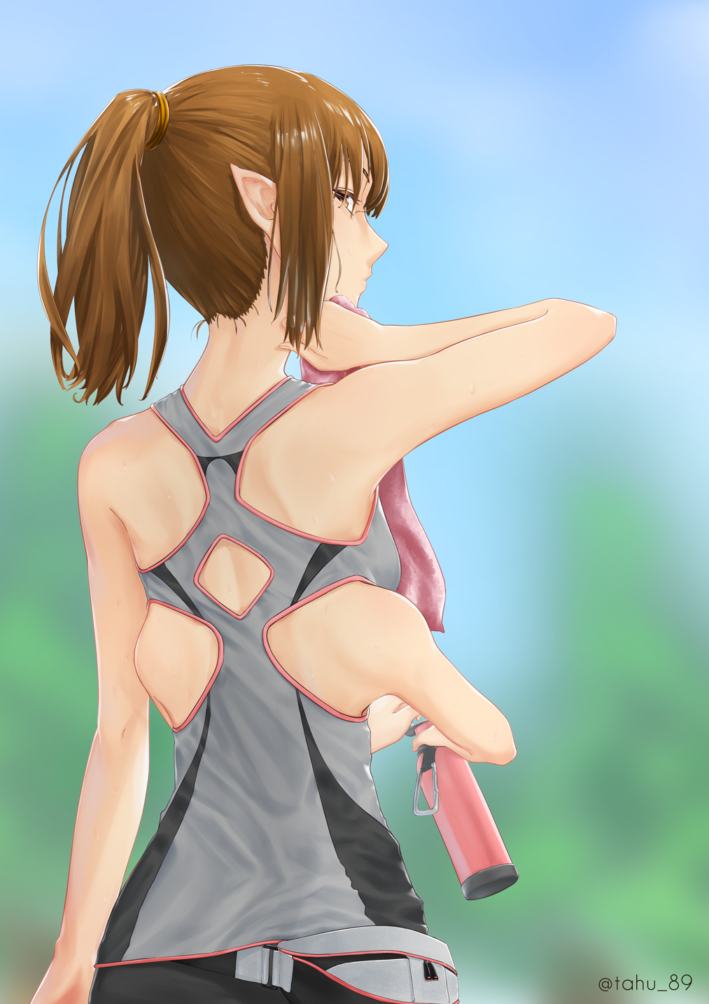 1girl, blue_sky, blurry, blurry_background, bottle, brown_eyes, brown_hair, day