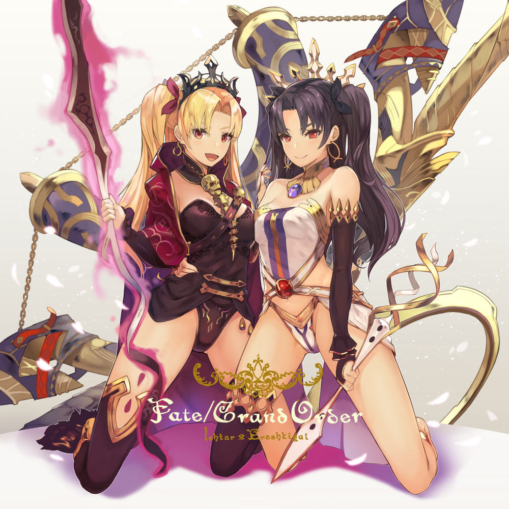 2girls, arm_around_waist, bangs, bare_shoulders, black_hair, blonde_hair, breasts, bridal_gauntlets