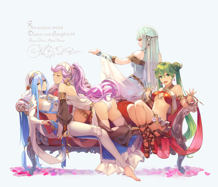 4girls, all_fours, anklet, aqua_(fire_emblem_if), arabian_clothes, armlet, ass, asymmetrical_docking