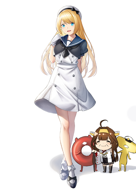 2girls, :d, bare_shoulders, black_skirt, blonde_hair, blue_eyes, blue_sailor_collar, brown_hair