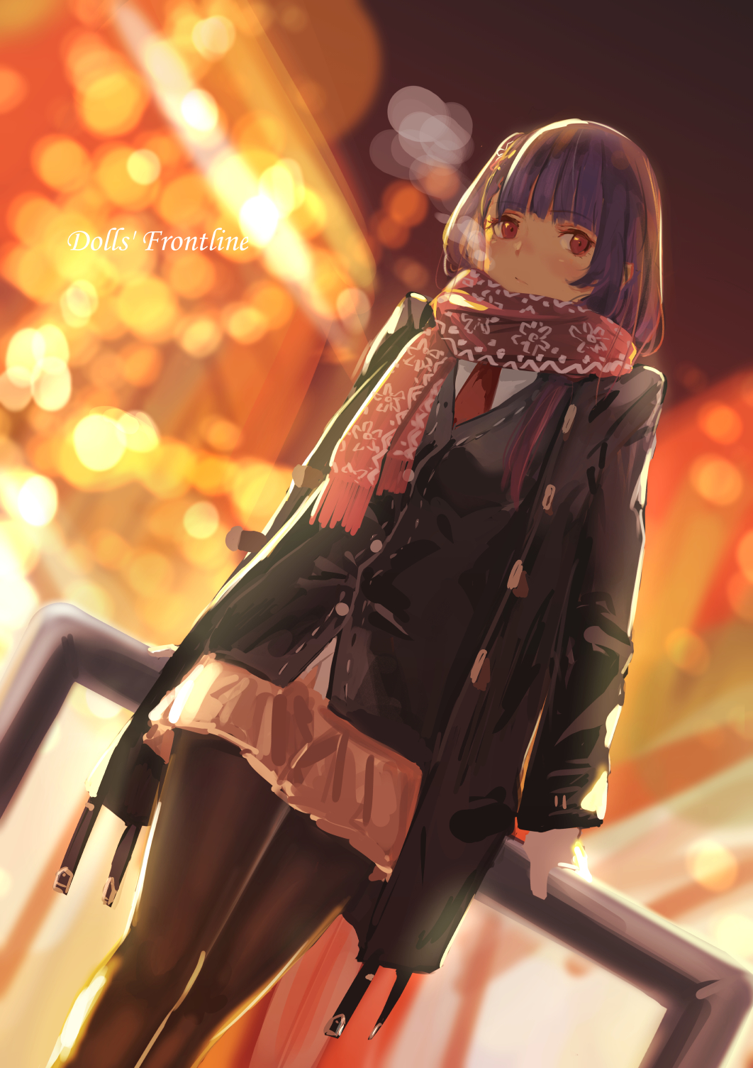 1girl, bangs, black_legwear, blurry, blurry_background, blush, braid, breasts, breathing, brown_coat, can, closed_mouth, coat, dutch_angle, eyebrows_visible_through_hair, french_braid, girls_frontline, gloves, hair_ornament, hair_ribbon, half_updo, highres, holding, holding_can, jacket, large_breasts, leaning_on_rail, long_hair, looking_at_viewer, necktie, night, one_side_up, open_clothes, open_coat, outdoors, pantyhose, purple_hair, red_eyes, red_neckwear, red_scarf, ribbon, scarf, shirt, sidelocks, skirt, snowflake_hair_ornament, snowflake_print, snowing, solo, takagaki_eru, very_long_hair, wa2000_(girls_frontline), white_gloves