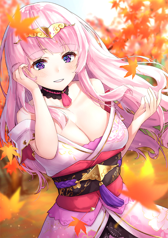1girl, autumn_leaves, bare_shoulders, blue_eyes, breasts, choker, cleavage, hand_in_hair, himeji_(oshiro_project), japanese_clothes, kimono, large_breasts, long_hair, looking_at_viewer, off_shoulder, oshiro_project, oshiro_project_re, pensuke, pink_hair, pink_kimono, solo, tiara, upper_body