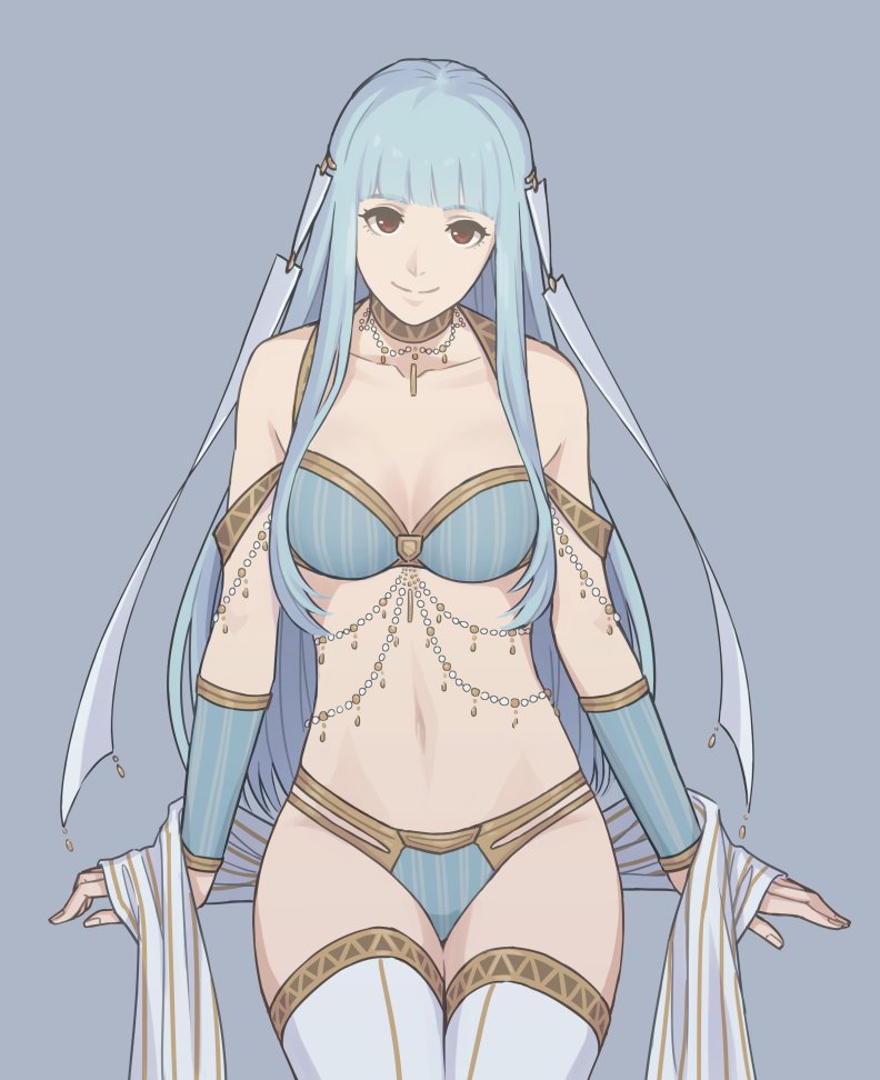 1girl, anklet, armlet, armpits, blue_hair, bra, bracelet, breasts, circlet, dancer, earrings, fire_emblem, fire_emblem:_rekka_no_ken, fire_emblem_heroes, iktk, jewelry, long_hair, looking_at_viewer, mamkute, midriff, navel, necklace, ninian, nintendo, panties, red_eyes, see-through, simple_background, solo, underwear, veil