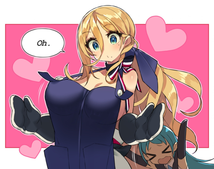 >_<, 2girls, apron, blonde_hair, blue_apron, blue_eyes, blue_hair, closed_eyes