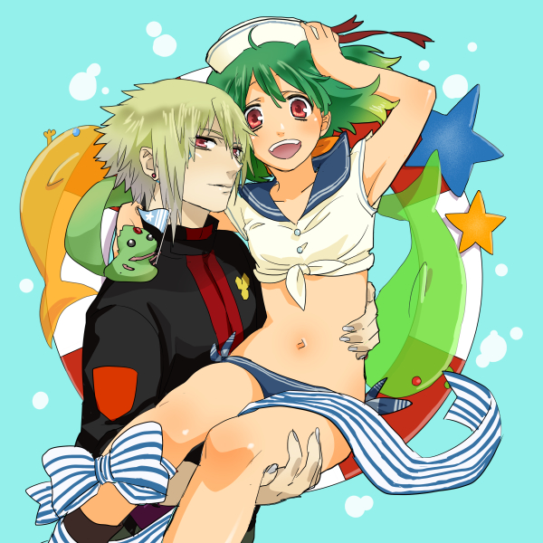1boy, 1girl, :d, ahoge, ai-kun, alternate_costume, arm_around_neck, arm_around_waist, arm_up, armpits, brera_sterne, brother_and_sister, carrying, cero_(cerocero), green_hair, grey_nails, hand_on_headwear, hat, looking_at_viewer, macross, macross_frontier, midriff, nail_polish, navel, open_mouth, princess_carry, ranka_lee, red_eyes, sailor_collar, sailor_hat, short_hair, short_sleeves, siblings, smile, stomach, wind, wind_lift