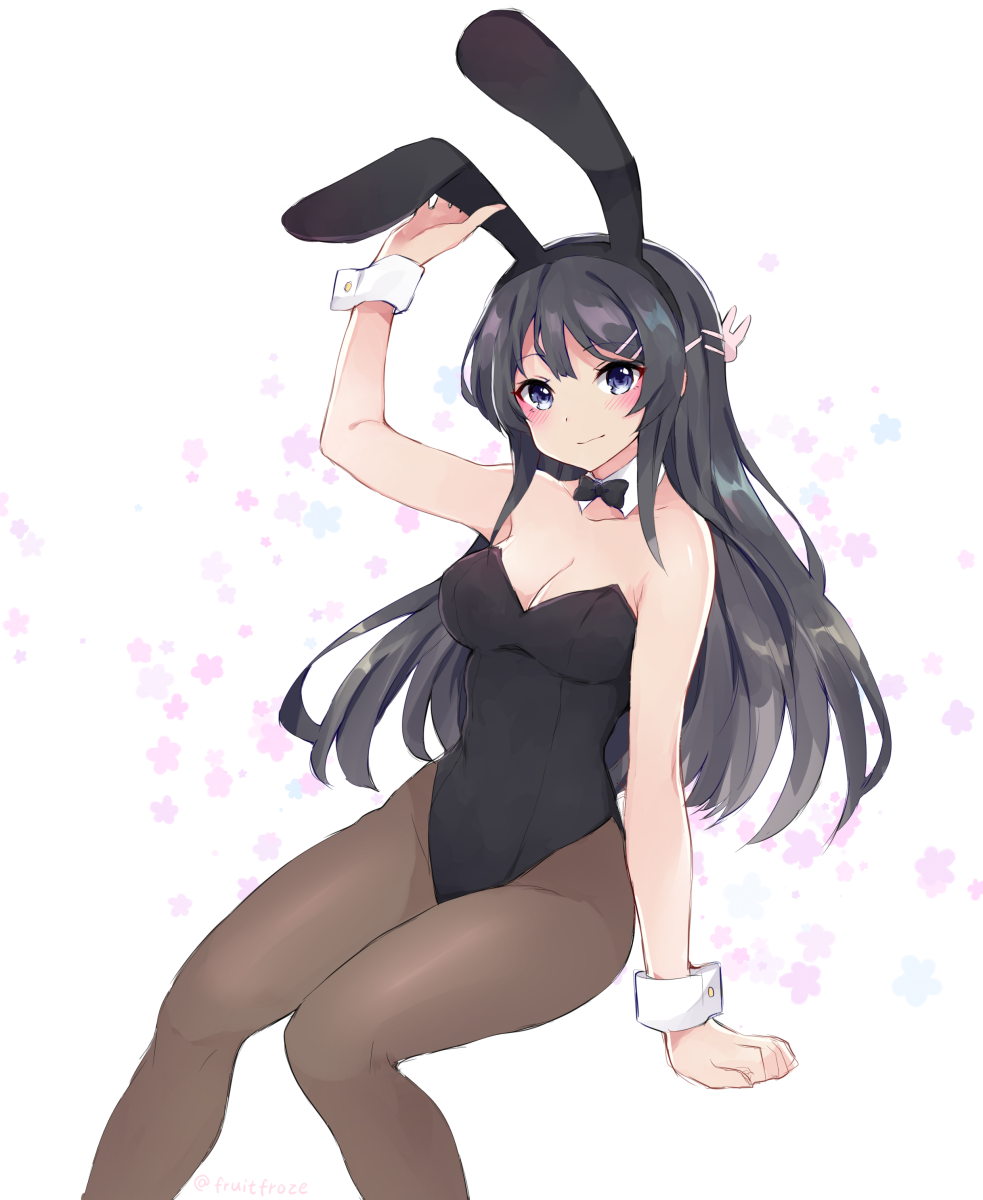 1girl, animal_ears, black_hair, black_legwear, black_leotard, black_neckwear, bow, bowtie