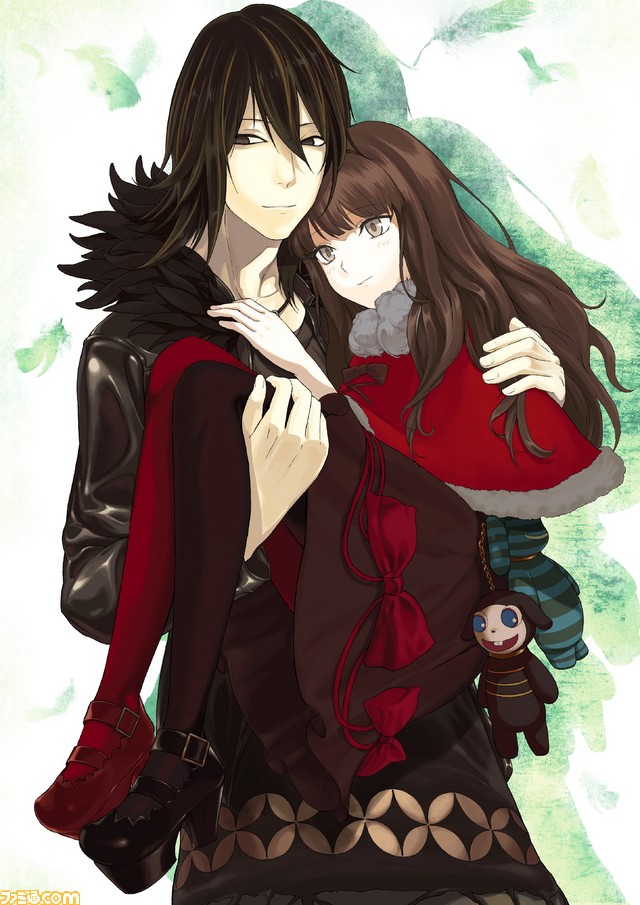 1boy, 1girl, black_coat, black_eyes, black_footwear, black_hair, black_legwear, brown_eyes, brown_hair, coat, kurenaino_aria, kusakabe_kiryuu, kusakabe_yoshiyanagi, long_hair, occultic;nine, official_art, red_coat, red_footwear, red_legwear, rena_alina, smile