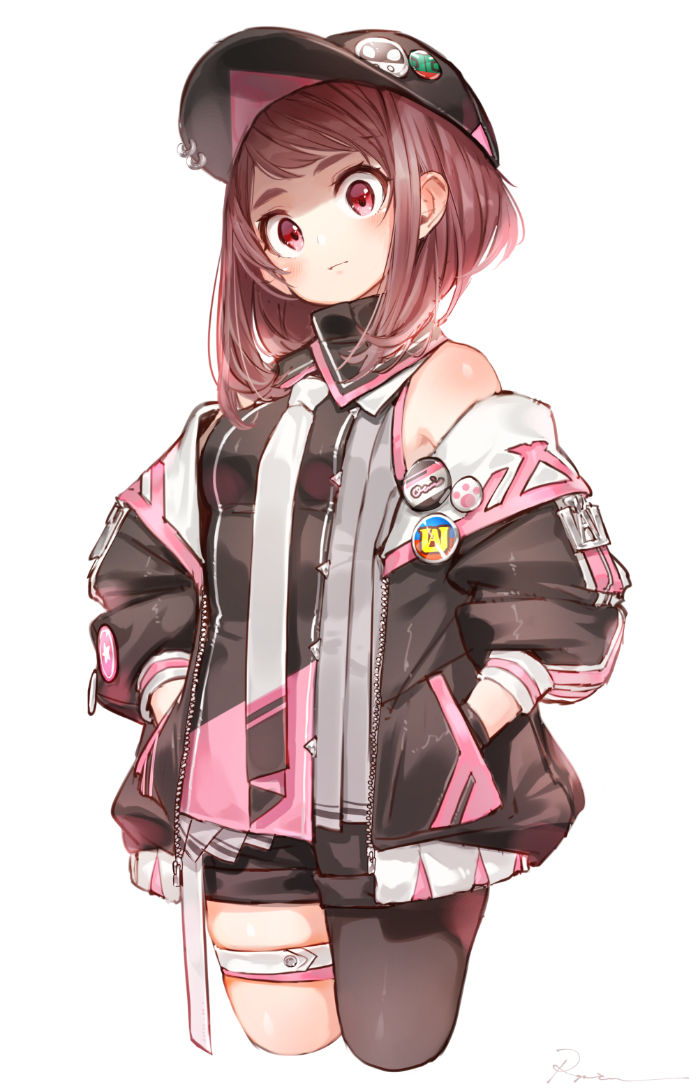 1girl, alternate_costume, baseball_cap, black_legwear, blush, boku_no_hero_academia, brown_eyes, brown_hair, casual, hands_in_pockets, hat, hat_pin, head_tilt, highres, jacket, looking_at_viewer, midoriya_izuku, necktie, no.13, off_shoulder, open_clothes, open_jacket, pin, ryota_(ry_o_ta), short_hair, sidelocks, simple_background, single_legging, solo, thigh_strap, uraraka_ochako, white_background
