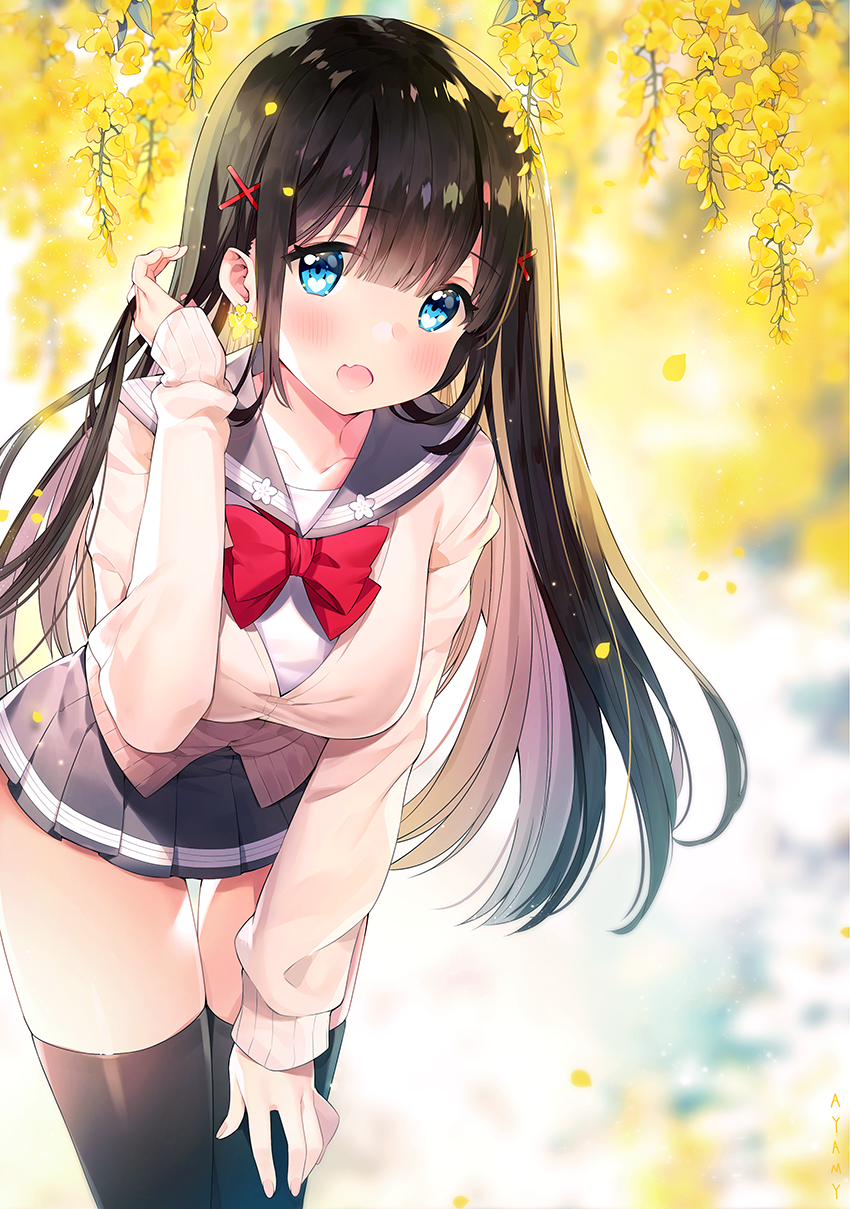 1girl, :o, artist_name, ayamy, bangs, black_hair, black_legwear, black_skirt