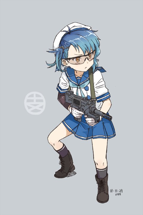 1girl, black_footwear, blue_hair, blue_neckwear, blue_sailor_collar, blue_skirt, boots, brown_eyes