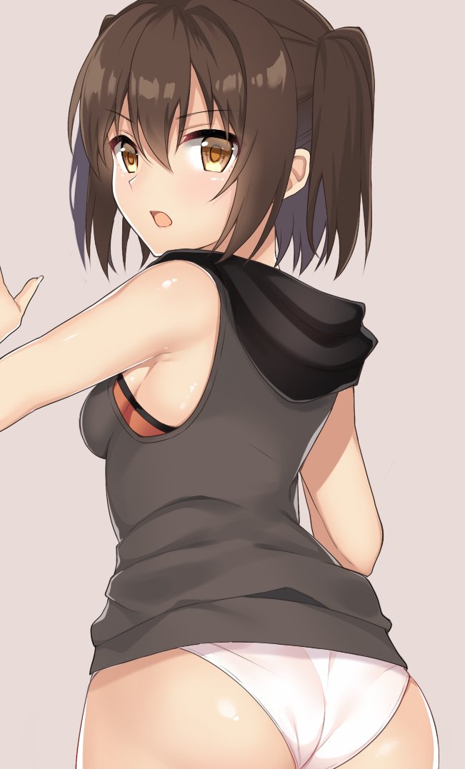 1girl, ass, brown_eyes, brown_hair, cowboy_shot, from_behind, grey_background, hood