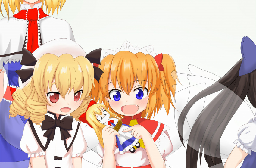 5girls, alice_margatroid, black_hair, blonde_hair, blue_dress, blue_eyes, bound, brown_hair