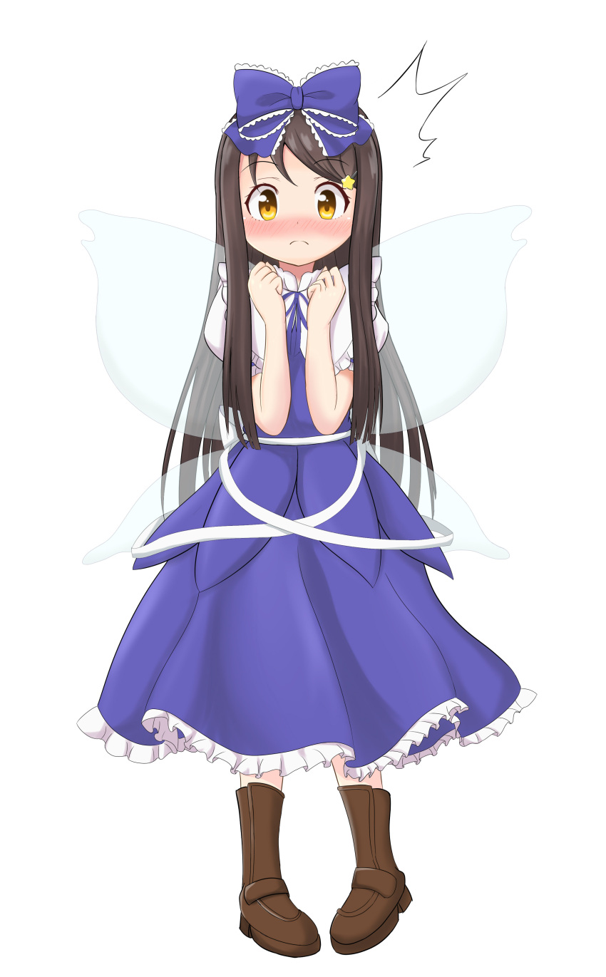 1girl, absurdres, black_hair, blue_dress, blush, boots, bow, brown_eyes