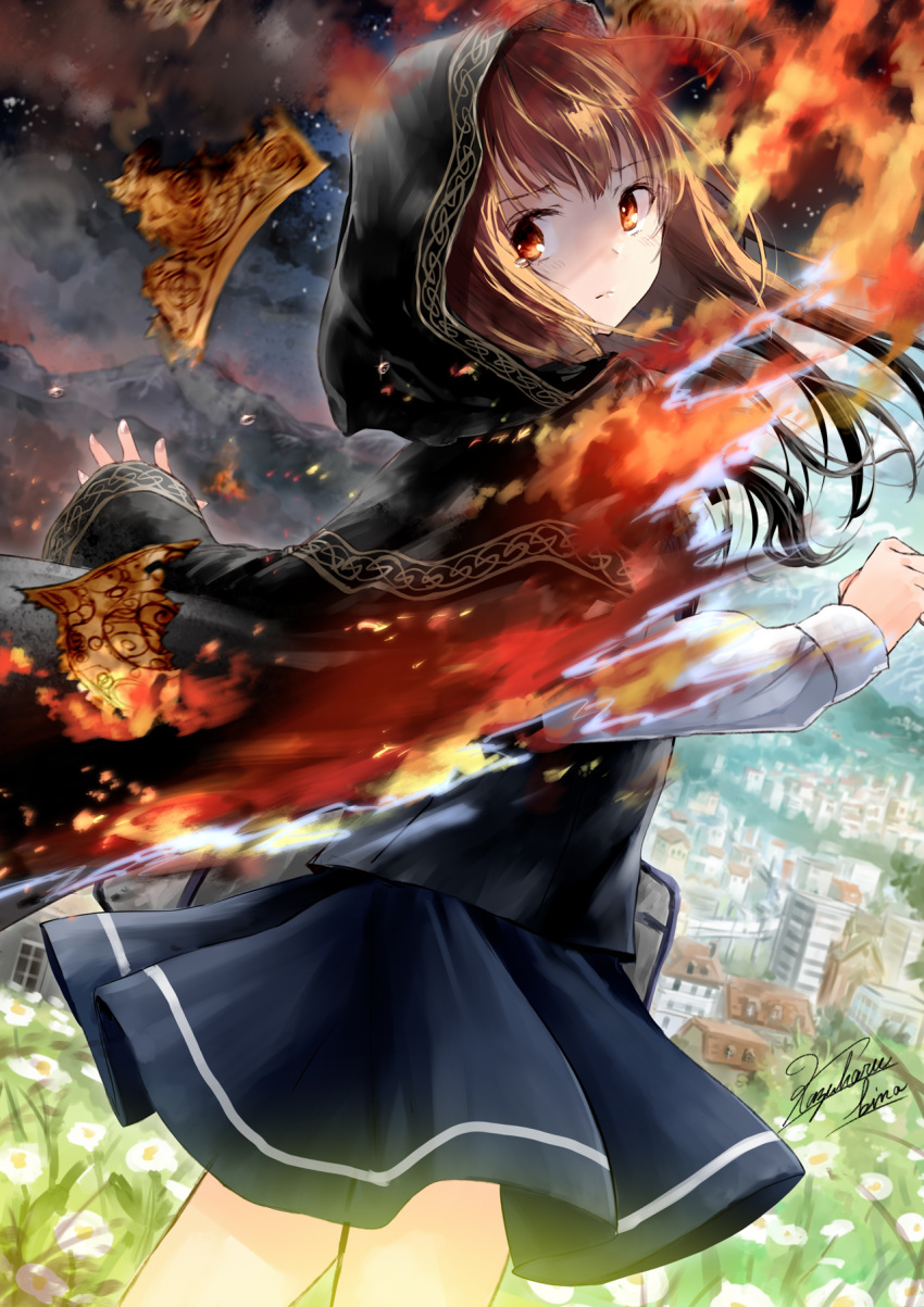 1girl, artist_name, bag, bangs, black_cloak, black_hair, black_vest, blue_skirt