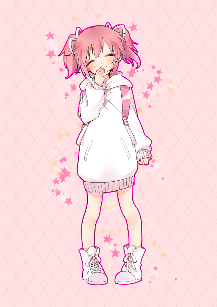 alternate_costume, bag, closed_eyes, hand_on_own_face, kaname_madoka, mahou_shoujo_madoka_magica, oonishi_nakanishi_konishi, pink_background