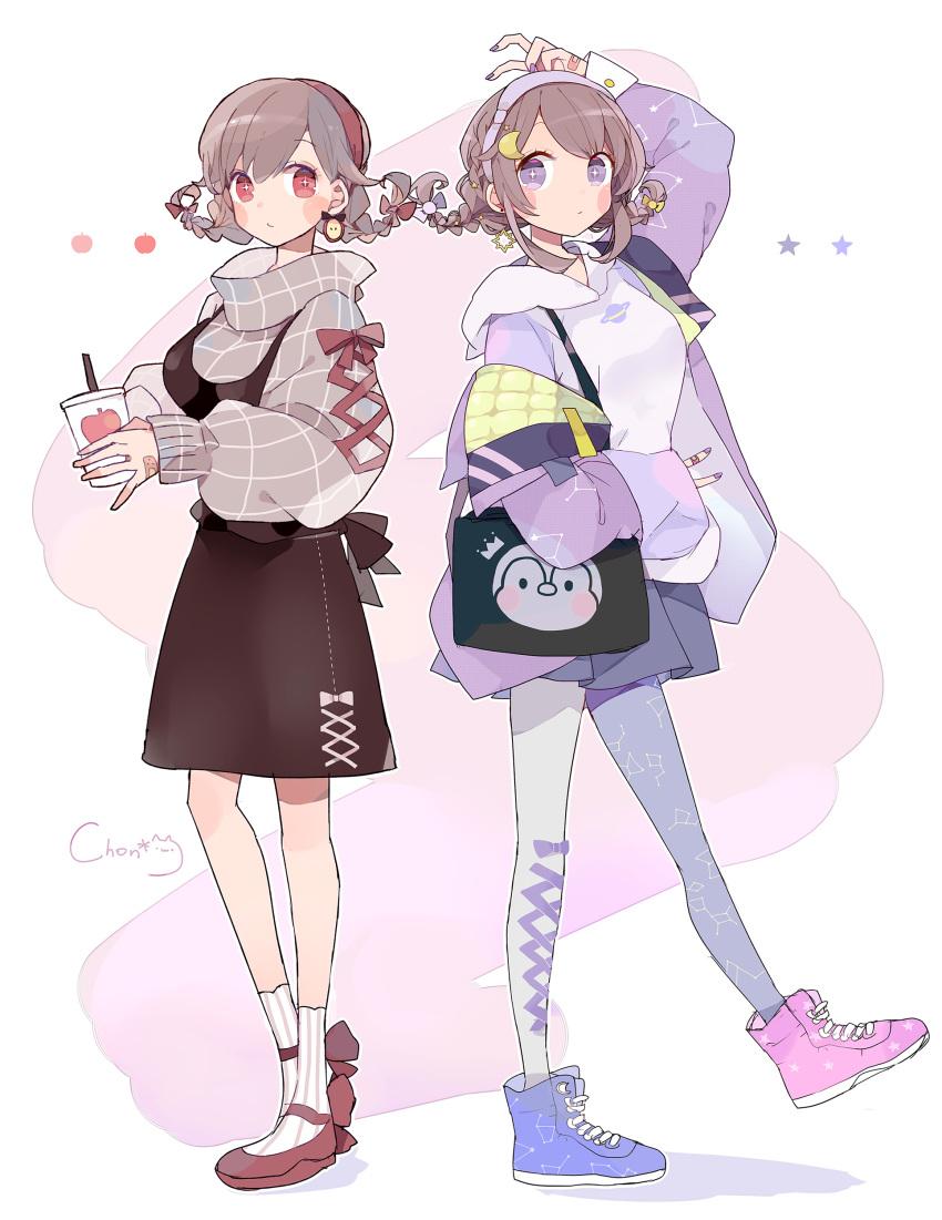 2girls, absurdres, arm_up, boots, bow, braid, brown_dress, brown_hair