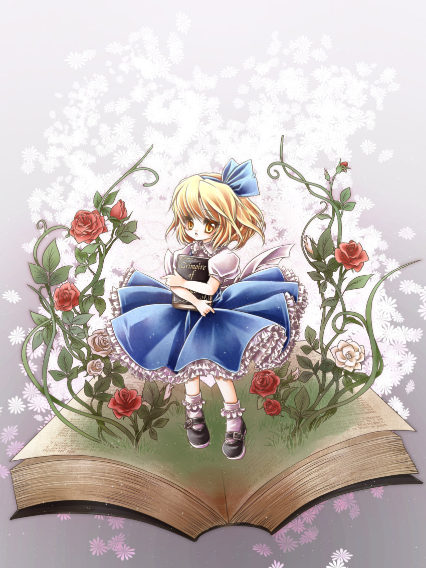 alice_margatroid, alice_margatroid_(pc-98), book, chokobanira, flower, highres, rose, touhou