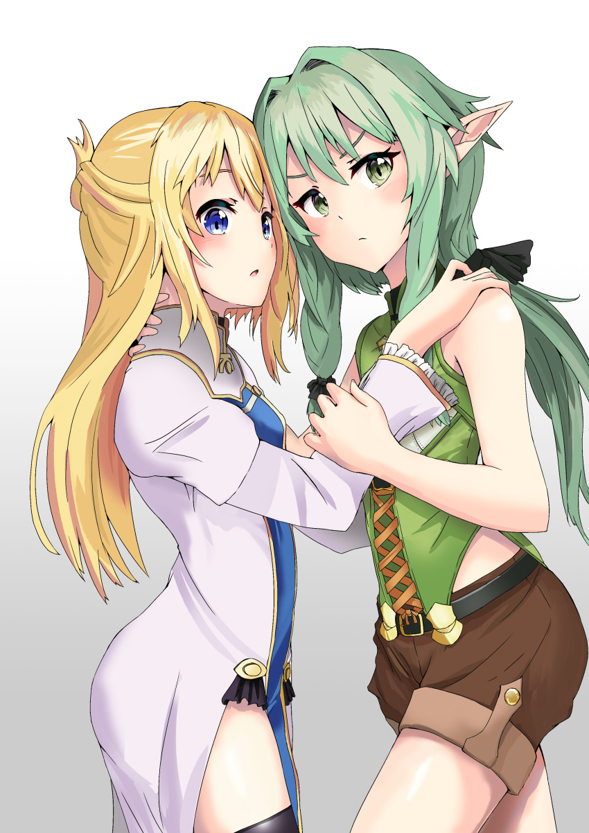 2girls, absurdres, bangs, bare_shoulders, black_legwear, black_ribbon, blonde_hair, blue_eyes