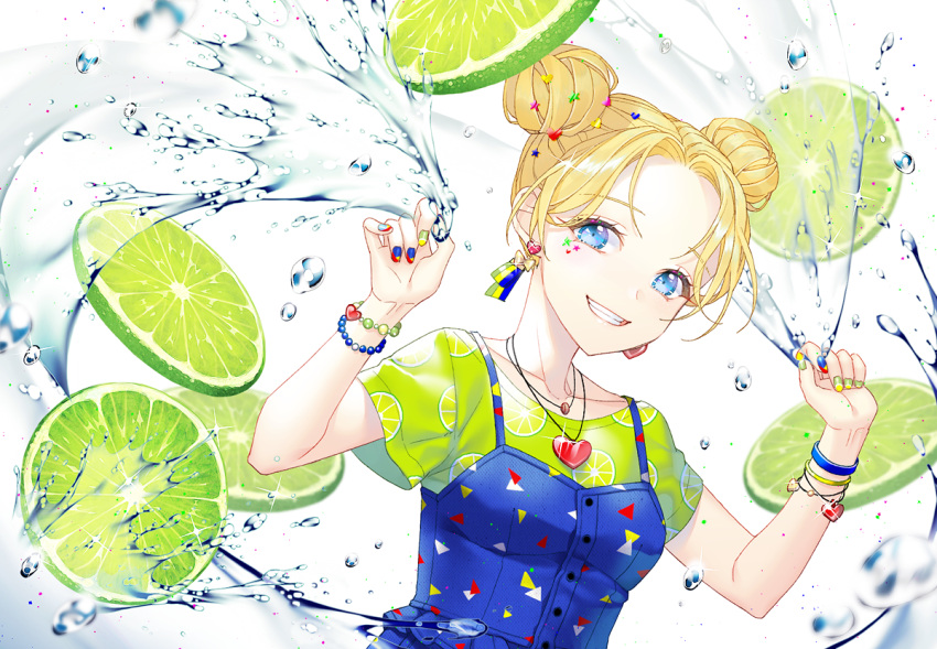 1girl, blonde_hair, blue_eyes, bow_earrings, bracelet, chartreuse_green_t-shirt, double_bun, earrings