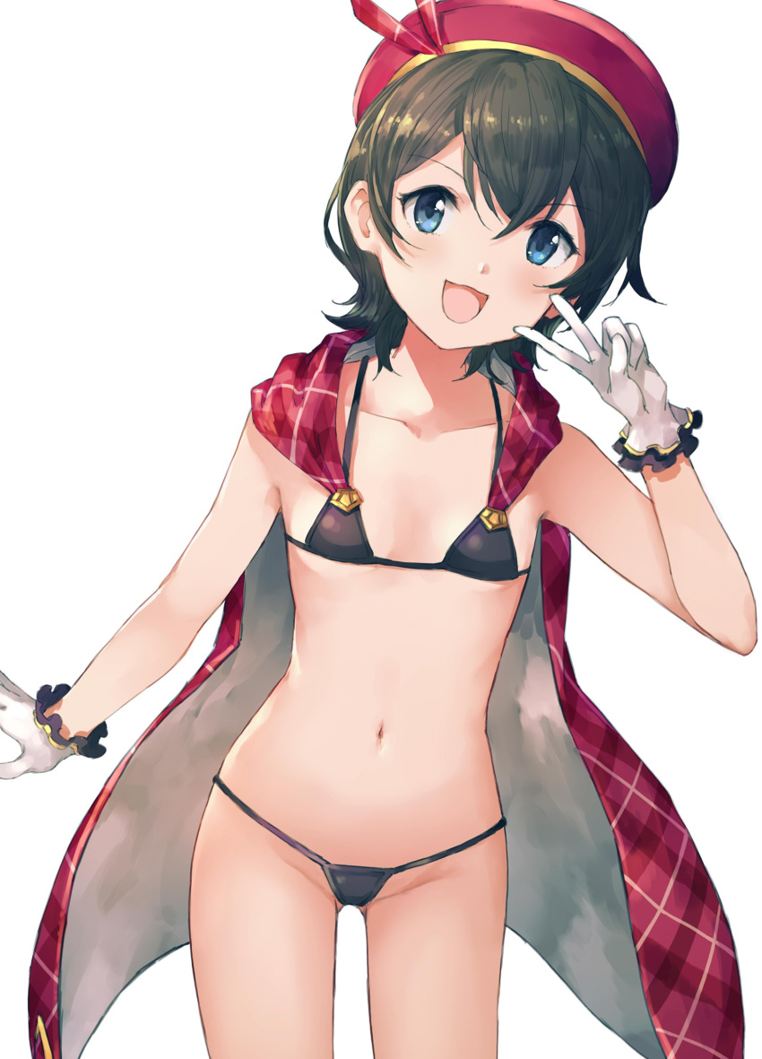 1girl, absurdres, bare_arms, bikini, black_bikini, black_hair, blue_eyes, breasts, canna_(granblue_fantasy), cape, collarbone, cowboy_shot, en@rain, gloves, gluteal_fold, granblue_fantasy, hair_between_eyes, hand_up, hat, head_tilt, highres, looking_at_viewer, micro_bikini, open_mouth, plaid, red_cape, red_hat, short_hair, small_breasts, smile, solo, stomach, string_bikini, swimsuit, v, white_gloves