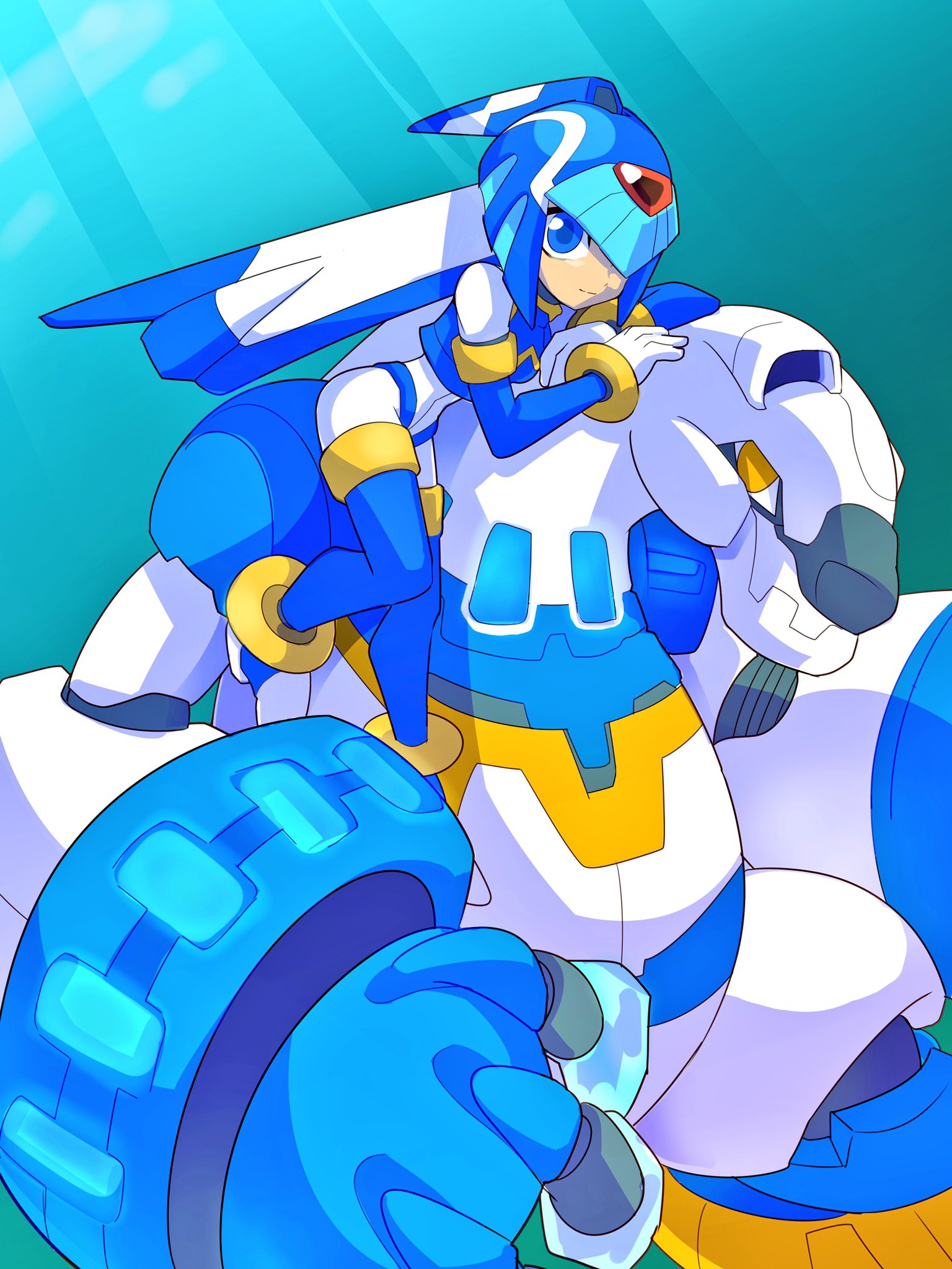 1girl, android, blue_background, blue_eyes, boots, gloves, head_rest, helmet, highres, knees_together_feet_apart, leviathan_(rockman), light_smile, omeehayo, on_shoulder, robot, rockman, rockman_zero, simple_background, thigh-highs, thigh_boots, white_gloves, yellow_eyes