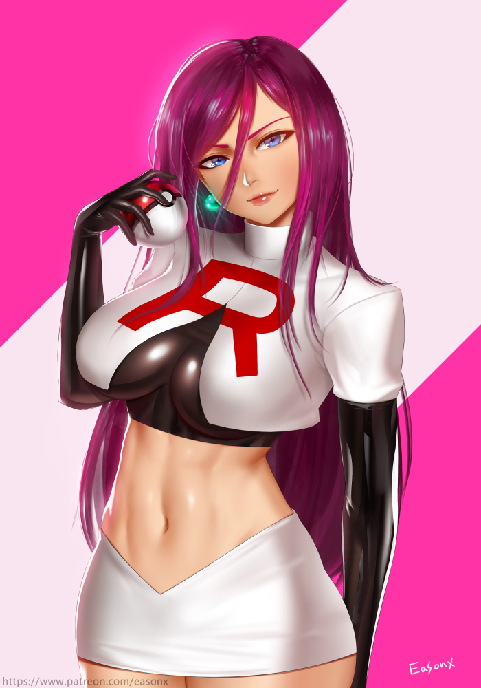 1girl, alternate_hairstyle, artist_name, bangs, black_gloves, blue_eyes, breasts, creatures_(company)