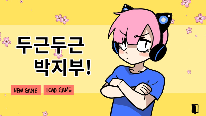 1boy, bags_under_eyes, bangs, blush, cat_ear_headphones, cherry_blossoms, crossed_arms, eyebrows_visible_through_hair