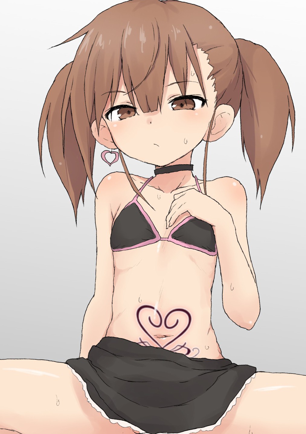 1girl, bangs, bare_arms, bare_shoulders, bikini_top, black_bikini_top, black_choker, black_skirt