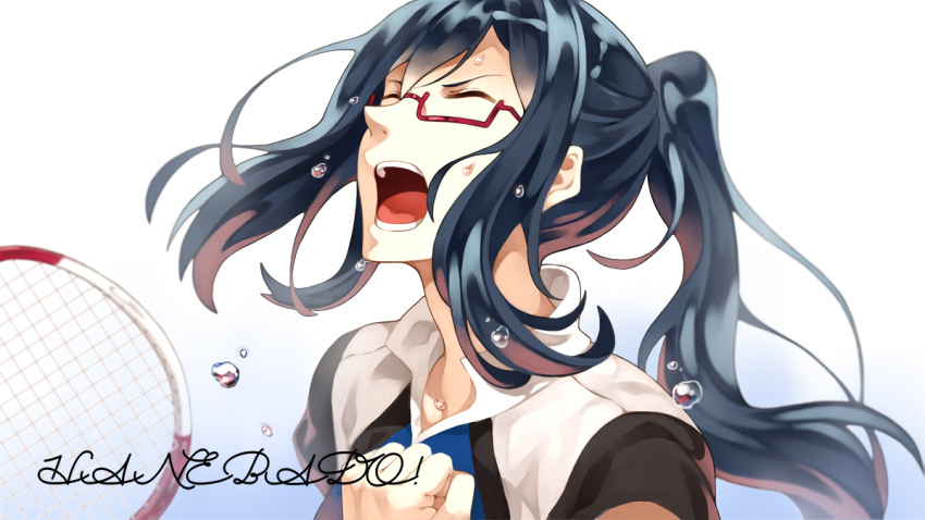 1girl, badminton_racket, bangs, black_hair, cheese_kang, closed_eyes, glasses, hair_between_eyes