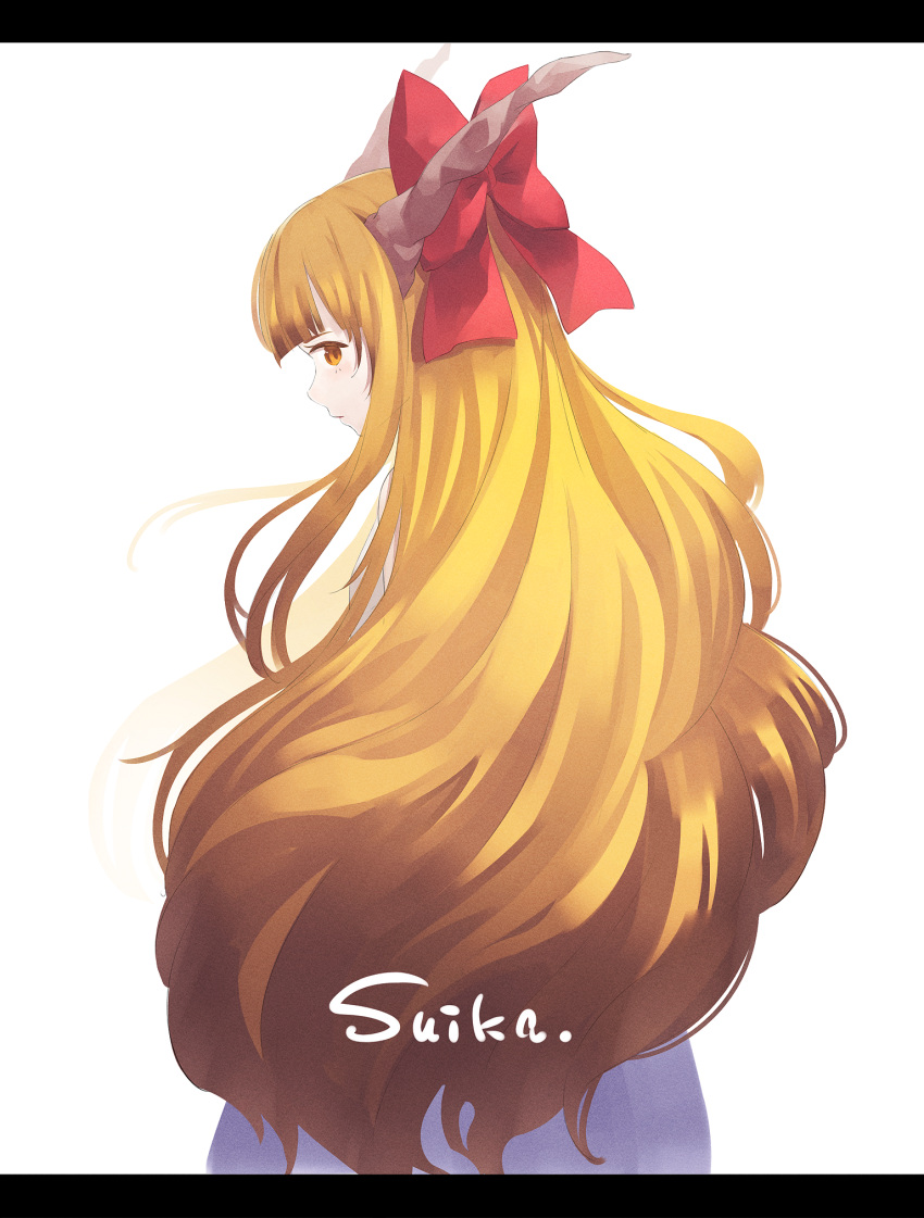 1girl, bangs, blunt_bangs, blurry, bow, character_name, depth_of_field, expressionless