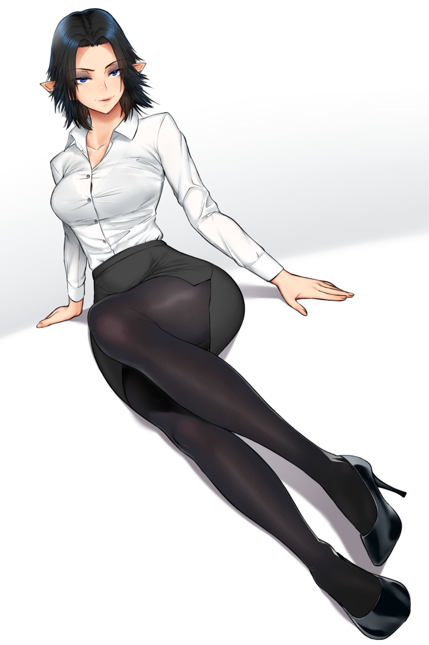 1girl, absurdres, black_hair, black_legwear, black_skirt, blue_eyes, breasts, burakku-ra