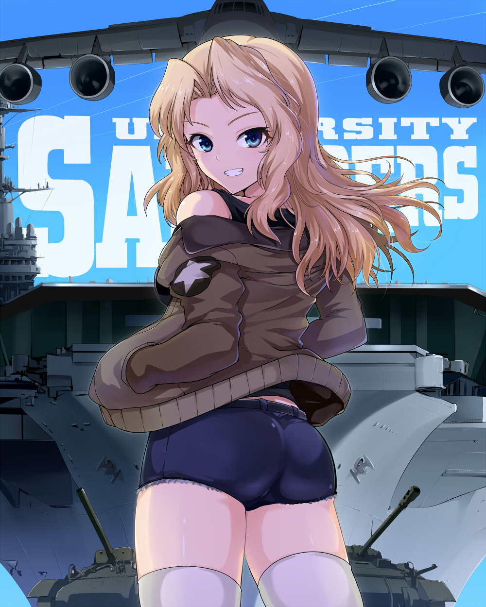 1girl, aircraft, aircraft_carrier, airplane, ass, background_text, black_shirt, blue_shorts, blue_sky, brown_jacket, c-5m_super_galaxy, commentary, cowboy_shot, cutoffs, day, denim, denim_shorts, emblem, english, from_behind, girls_und_panzer, grin, ground_vehicle, hair_intakes, hands_in_pockets, highres, jacket, kasai_shin, kay_(girls_und_panzer), long_hair, looking_at_viewer, looking_back, m4_sherman, military, military_uniform, military_vehicle, motor_vehicle, off_shoulder, open_clothes, open_jacket, outdoors, saunders_military_uniform, sherman_firefly, ship, shirt, short_shorts, shorts, sky, smile, solo, standing, star, tank, tank_top, thigh-highs, thighs, uniform, uss_george_washington_(girls_und_panzer), warship, watercraft, white_legwear, wind