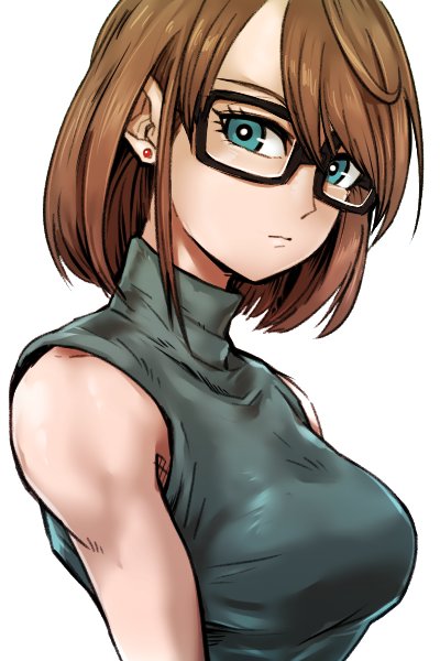 1girl, alternate_costume, alternate_hair_length, alternate_hairstyle, android_21, arms_at_sides, bare_arms, bare_shoulders, blue_eyes, breasts, close-up, dragon_ball, dragon_ball_fighterz, earrings, expressionless, eyelashes, glasses, grey_shirt, jewelry, light_brown_hair, red_earrings, shirt, short_hair, simple_background, sleeveless, sleeveless_shirt, solo, st62svnexilf2p9, turtleneck, upper_body, white_background
