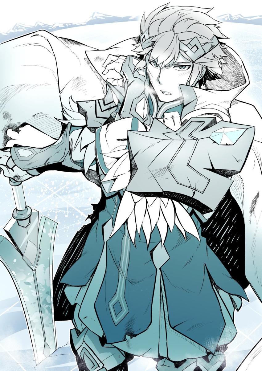 1boy, arm_guards, armor, bangs, boots, cape, commentary_request, crown