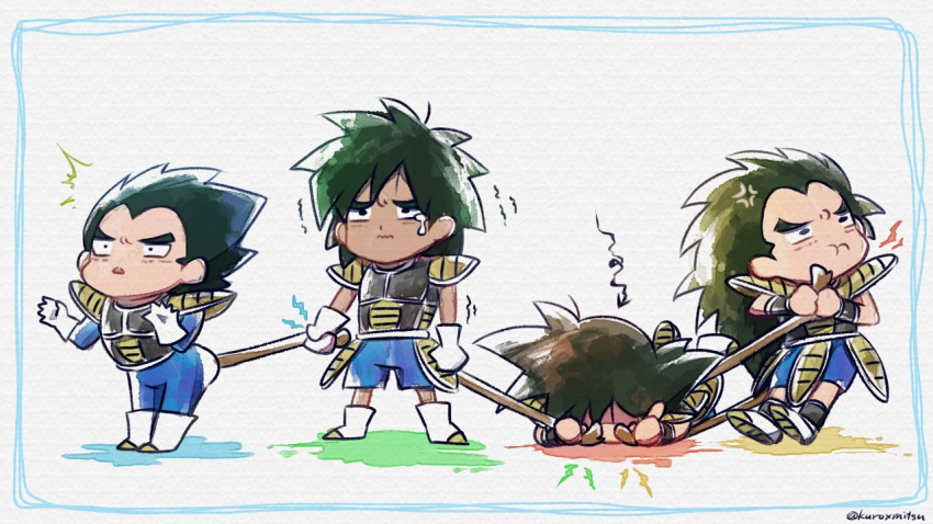 4boys, anger_vein, annoyed, armor, black_eyes, black_hair, boots, broly_(dragon_ball_super), brothers, commentary_request, crying, crying_with_eyes_open, dragon_ball, dragon_ball_super, dragon_ball_super_broly, dragonball_z, frame, full_body, gloves, grabbing, kuroxmitsu_kinako, long_hair, lying, multiple_boys, pouty_lips, raditz, short_hair, siblings, simple_background, son_gokuu, spiky_hair, spread_legs, standing, surprised, tail, tail_grab, tears, trembling, twitter_username, vegeta, white_background, white_footwear, white_gloves