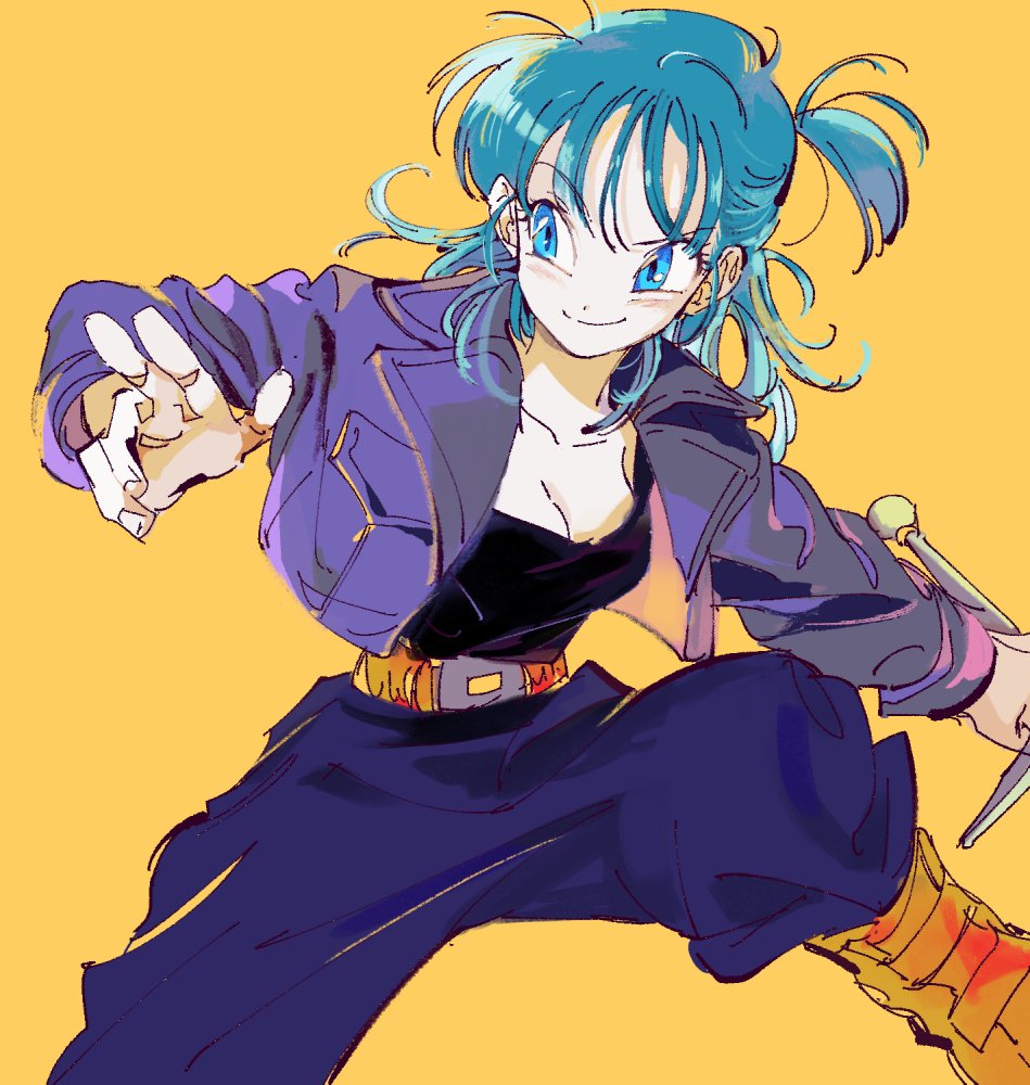 1girl, belt, black_shirt, blue_eyes, blue_hair, boots, bulma, cosplay