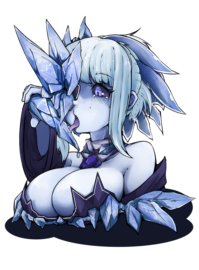1girl, blue_eyes, blue_hair, blue_sclera, blue_skin, blush, breasts, cleavage