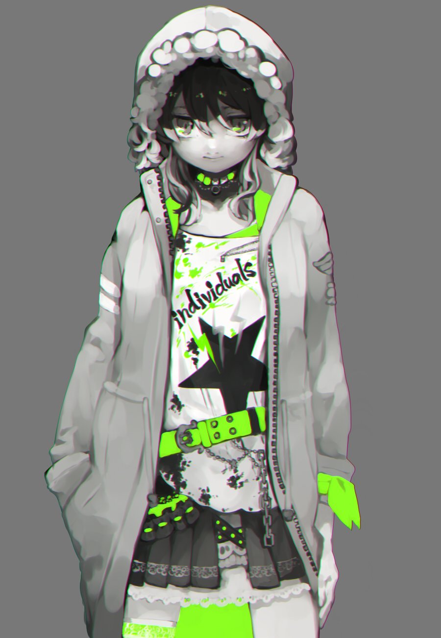 1girl, bangs, belt, chains, choker, coat, commentary, cowboy_shot, dxfma, garters, green_choker, green_garter, grey_background, greyscale, hair_between_eyes, hair_down, hand_in_pocket, highres, hood, hood_up, hooded_coat, idolmaster, idolmaster_cinderella_girls, idolmaster_cinderella_girls_starlight_stage, individuals, light_smile, long_sleeves, looking_at_viewer, monochrome, morikubo_nono, multiple_belts, open_clothes, open_coat, pleated_skirt, shirt, skirt, solo, spot_color, standing, untucked_shirt, zipper