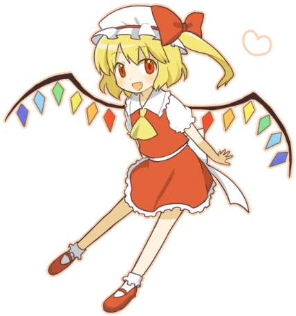 bobby_socks, flandre_scarlet, hat, heart, lowres, mary_janes, ponytail, red_eyes, shoes, side_ponytail, simple_background, socks, tamaki_(209), tamaki_(artist), touhou, wings