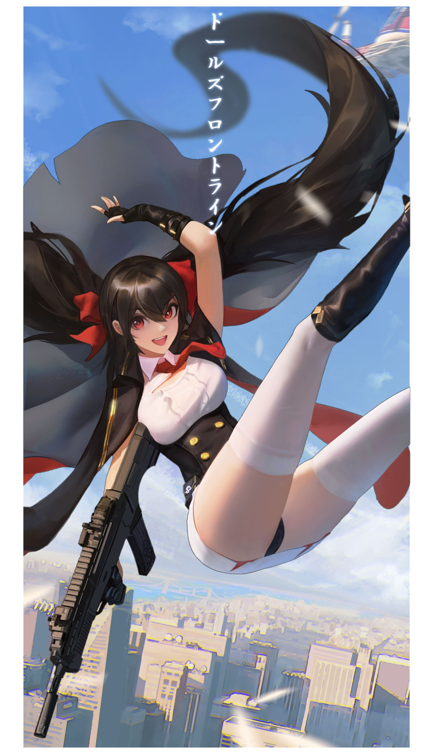 1girl, :d, absurdres, arm_up, ass, bangs, black_hair, black_panties