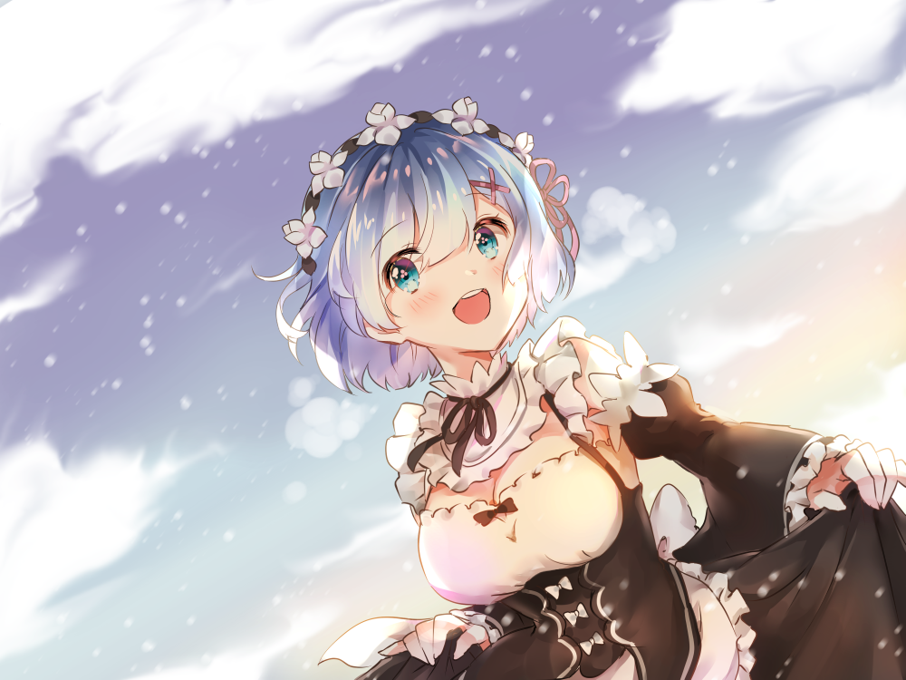 1girl, :d, apron, bangs, bare_shoulders, black_neckwear, black_skirt, blue_eyes
