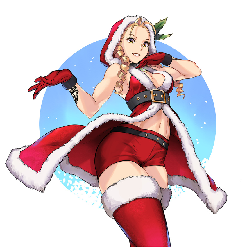 alternate_costume, amados, bare_shoulders, blonde_hair, boots, breasts, christmas, cleavage