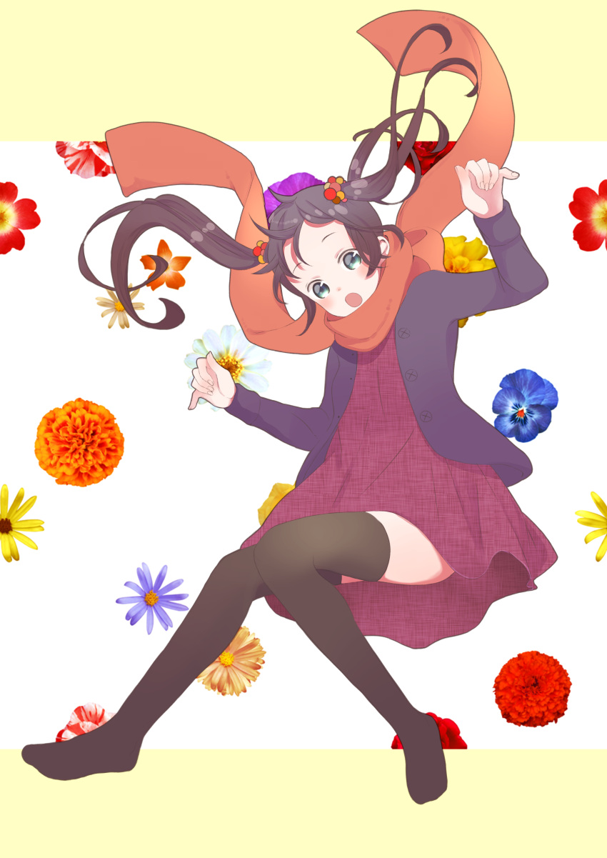 1girl, :o, absurdres, arm_up, bangs, beige_background, blue_eyes, blue_flower